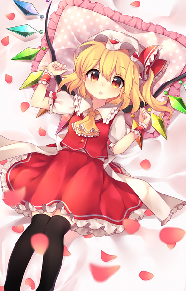 Anime picture 1918x3000 with touhou flandre scarlet ruhika single tall image looking at viewer fringe highres short hair open mouth blonde hair hair between eyes red eyes lying from above short sleeves on back puffy sleeves one side up knees touching