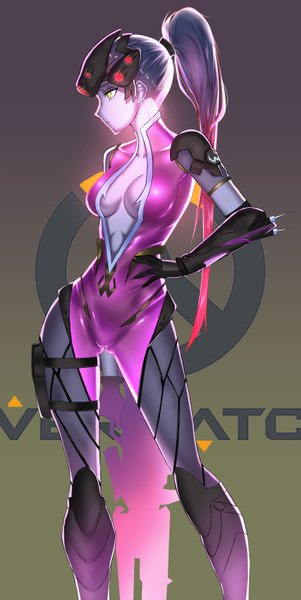 Anime picture 1536x3059 with overwatch blizzard entertainment widowmaker (overwatch) dcoagt single long hair tall image breasts light erotic standing holding yellow eyes looking away cleavage purple hair ponytail profile copyright name hand on hip glowing