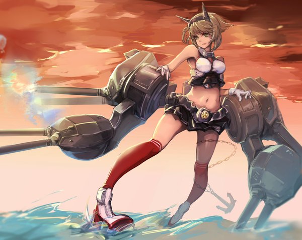 Anime picture 1890x1500 with kantai collection mutsu battleship labombardier! single highres short hair brown hair bare shoulders green eyes looking away sky parted lips fighting stance girl skirt gloves navel miniskirt socks white gloves