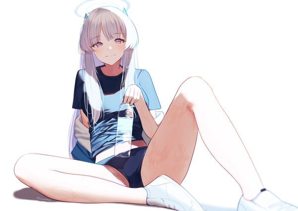 Anime picture 4093x2894 with blue archive noa (blue archive) yumenoakagi single long hair looking at viewer highres light erotic simple background smile white background sitting purple eyes absurdres silver hair bare legs girl halo bottle buruma