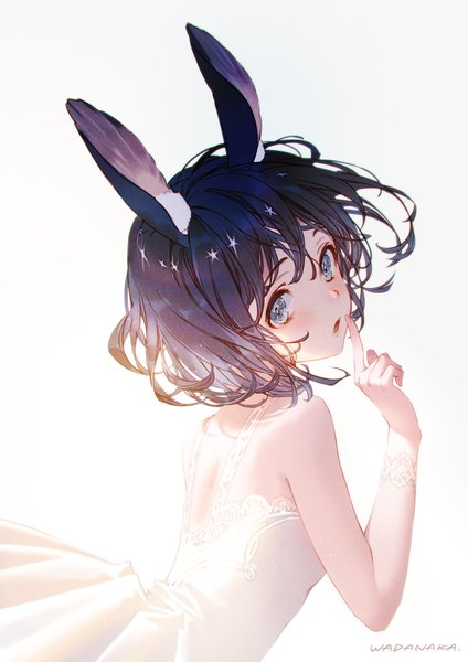 Anime-Bild 750x1061 mit original wadanaka single tall image looking at viewer blush fringe short hair open mouth black hair simple background standing white background signed animal ears looking back bunny ears sleeveless finger to mouth silver eyes