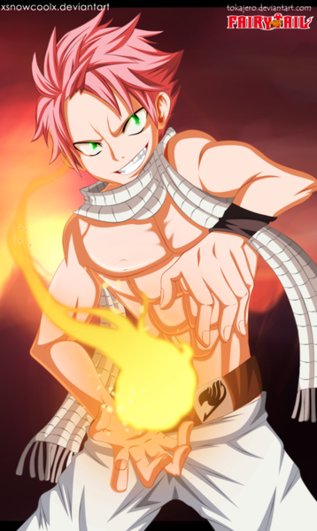 Anime picture 800x1338 with fairy tail natsu dragneel xsnowcoolx single tall image short hair smile green eyes pink hair sky sunlight inscription grin coloring magic muscle boy scarf fire sun
