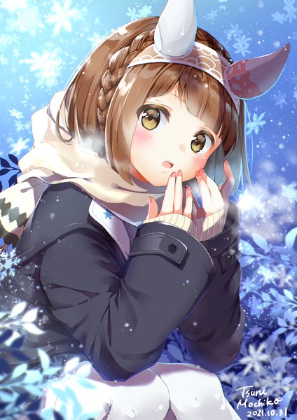 Anime picture 1736x2456 with umamusume yukino bijin (umamusume) mochiko tsuru natsuru08 single tall image looking at viewer blush highres short hair brown hair sitting brown eyes signed animal ears braid (braids) long sleeves dated sleeves past wrists exhalation