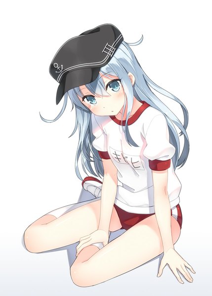 Anime picture 800x1119 with kantai collection hibiki destroyer hyuuga azuri single long hair tall image looking at viewer blush light erotic simple background white background silver hair clothes writing girl uniform socks white socks gym uniform flat cap anchor symbol
