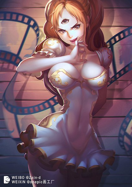 Anime picture 850x1201 with one piece toei animation charlotte pudding zhang ding single long hair tall image blush fringe breasts open mouth light erotic smile brown hair large breasts standing brown eyes signed cleavage lips
