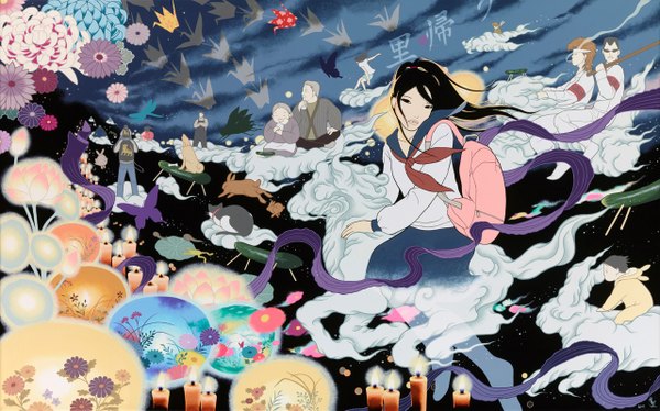 Anime picture 1280x798 with original yumiko kayukawa long hair short hair black hair brown hair wide image sitting sky cloud (clouds) ponytail grey hair night night sky smoke group flying glow space old man