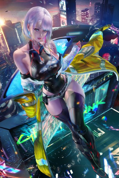 Anime picture 2333x3500 with cyberpunk edgerunners studio trigger lucy (cyberpunk) sakimichan single tall image looking at viewer fringe highres short hair breasts light erotic large breasts standing bare shoulders silver hair outdoors long sleeves nail polish head tilt