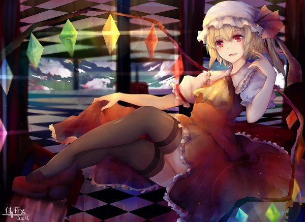 Anime picture 1200x875 with touhou flandre scarlet bai qi-qsr single looking at viewer short hair blonde hair red eyes sitting signed sky cloud (clouds) bent knee (knees) parted lips short sleeves legs lens flare side ponytail checkered floor floor