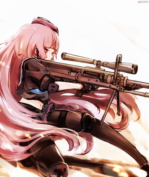 Anime picture 907x1080 with girls frontline ntw-20 (girls frontline) nekoya (liu) single long hair tall image fringe red eyes white background holding signed looking away pink hair blunt bangs very long hair profile short sleeves midriff girl skirt