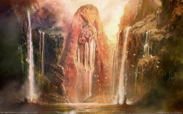 Anime picture 1920x1200 with highres wide image landscape scenic rock waterfall animal water bird (birds)