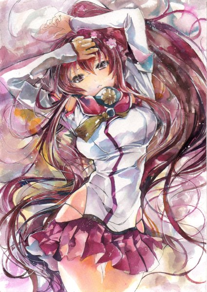 Anime picture 1971x2782 with kantai collection yamato super battleship 1044kiro single tall image looking at viewer highres brown hair bare shoulders brown eyes ponytail very long hair hair flower from above arms up thigh gap skindentation traditional media watercolor (medium) girl