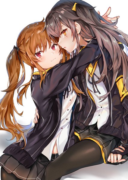 Anime picture 2508x3541 with girls frontline ump45 (girls frontline) ump9 (girls frontline) nanakagura long hair tall image looking at viewer blush fringe highres open mouth simple background red eyes brown hair white background sitting twintails multiple girls yellow eyes payot