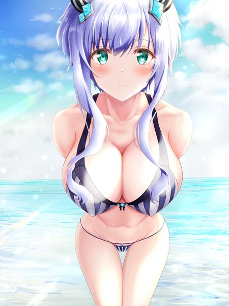 Anime picture 2400x3200 with maou gakuin no futekigousha silver link misha necron aw single long hair tall image blush fringe highres breasts light erotic smile hair between eyes large breasts standing green eyes sky purple hair cloud (clouds)
