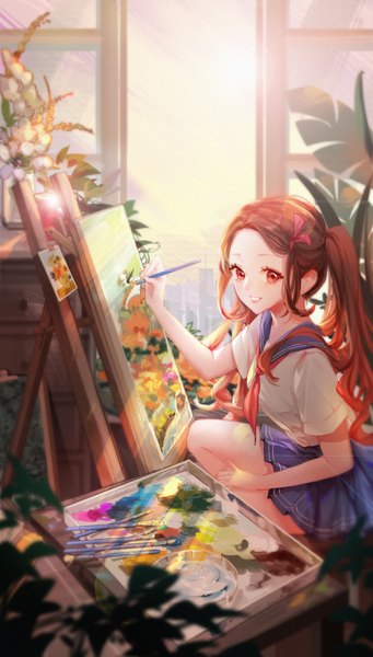 Anime picture 2480x4365 with kimetsu no yaiba ufotable kamado nezuko yvettechou single long hair tall image looking at viewer highres smile red eyes brown hair twintails holding payot indoors parted lips multicolored hair sunlight blurry