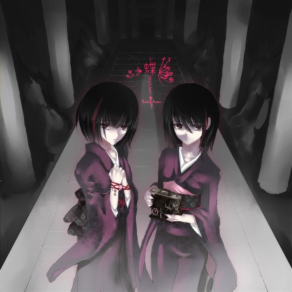 Anime picture 1100x1100 with fatal frame amakura mio amakura mayu vader (n.r.t.a.) short hair black hair red eyes multiple girls japanese clothes girl 2 girls belt kimono camera