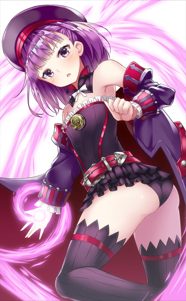 Anime-Bild 600x970 mit fate (series) fate/grand order helena blavatsky (fate) shimo (shimo 00) single tall image looking at viewer blush fringe short hair open mouth light erotic purple eyes bare shoulders purple hair ass magic girl thighhighs underwear