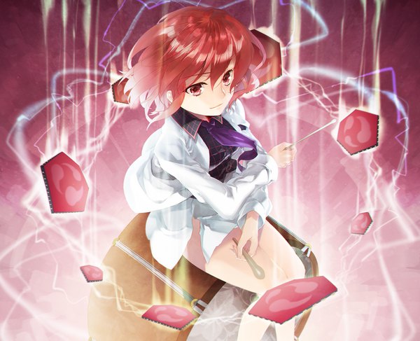 Anime picture 1408x1144 with touhou horikawa raiko shiyun single fringe short hair hair between eyes red eyes sitting red hair from above bare legs electricity mitsudomoe (shape) girl musical instrument drum drumsticks