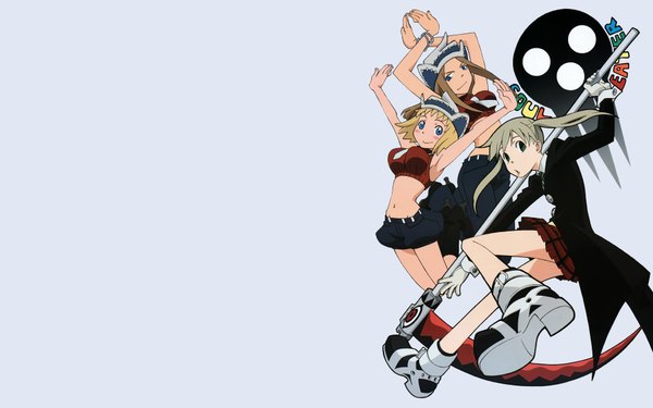 Anime picture 1920x1200 with soul eater studio bones maka albarn elizabeth thompson patricia thompson long hair blush highres short hair breasts blue eyes simple background blonde hair smile brown hair wide image large breasts twintails bare shoulders midriff