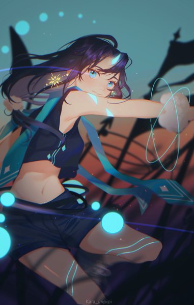 Anime picture 2563x4032 with original kabi (kara uripipi) single long hair tall image highres blue eyes signed purple hair horn (horns) midriff low ponytail girl earrings shorts banner