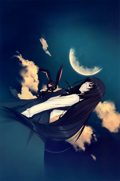 Anime picture 2654x4000 with innocent grey yomiko (innocent grey) sugina miki single long hair tall image highres black hair holding looking away sky cloud (clouds) profile black eyes scan night official art girl dress shirt