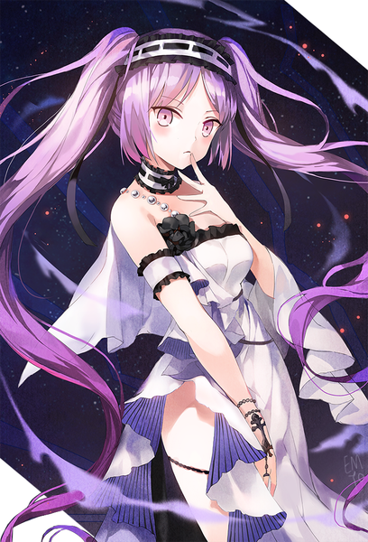 Anime picture 700x1030 with fate (series) fate/hollow ataraxia euryale (fate) emyo single long hair tall image looking at viewer breasts light erotic purple eyes twintails bare shoulders signed payot purple hair very long hair sleeveless finger to mouth side slit