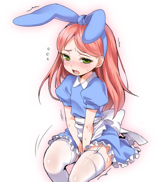 Anime picture 797x897 with pop'n music alicia (pop'n music) shouni (sato3) long hair tall image blush open mouth light erotic simple background white background green eyes red hair embarrassed tears trembling girl thighhighs dress white thighhighs garter straps