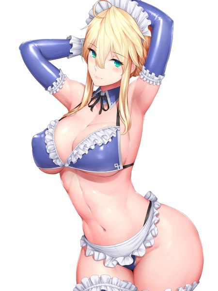 Anime picture 900x1200 with fate (series) fate/grand order artoria pendragon (all) artoria pendragon (lancer) kageshio (276006) single tall image looking at viewer blush fringe short hair breasts light erotic simple background blonde hair hair between eyes large breasts standing white background payot