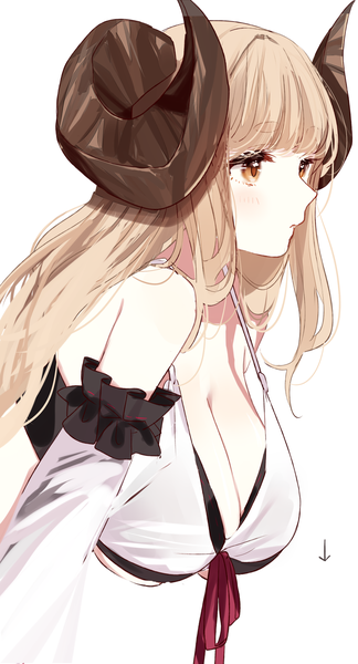 Anime picture 1081x2000 with granblue fantasy anila (granblue fantasy) sinsihukunokonaka single long hair tall image fringe breasts light erotic simple background blonde hair large breasts white background brown eyes looking away upper body horn (horns) portrait girl detached sleeves