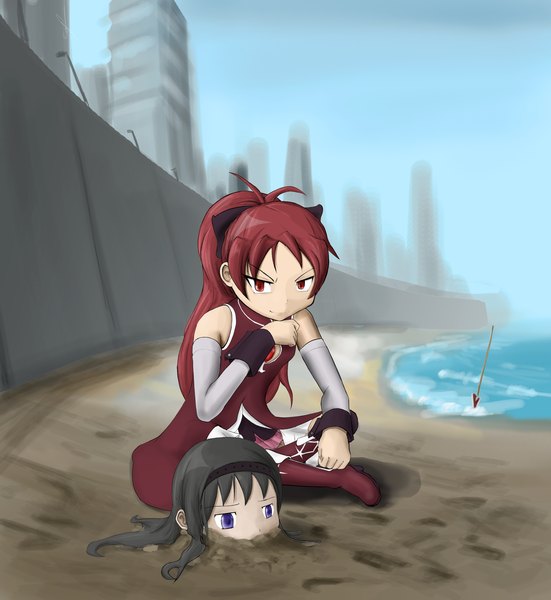 Anime picture 3000x3269 with mahou shoujo madoka magica shaft (studio) akemi homura sakura kyouko csp499 long hair tall image highres blue eyes black hair red eyes sitting bare shoulders multiple girls sky red hair beach sand parody girl