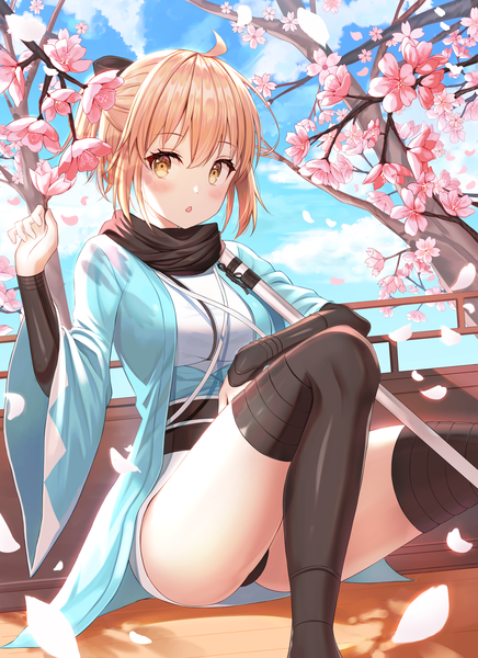 Anime picture 3321x4562 with fate (series) fate/grand order okita souji (fate) (all) okita souji (koha-ace) niji (rudduf232) single tall image blush fringe highres short hair breasts open mouth light erotic blonde hair hair between eyes sitting holding yellow eyes payot