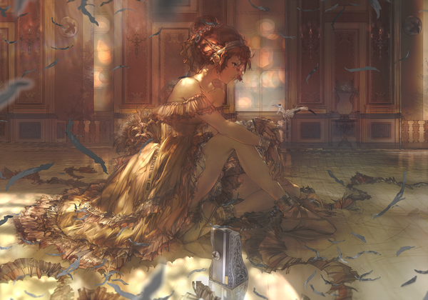 Anime picture 2429x1700 with original mivit single fringe highres short hair brown hair sitting bare shoulders brown eyes looking away full body bent knee (knees) indoors profile hair bun (hair buns) clothes writing girl dress shoes