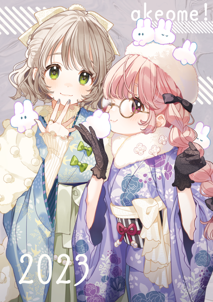 Anime picture 848x1200 with original buuta long hair tall image looking at viewer fringe short hair blonde hair multiple girls green eyes pink hair braid (braids) nail polish traditional clothes japanese clothes pink eyes text floral print half updo new year