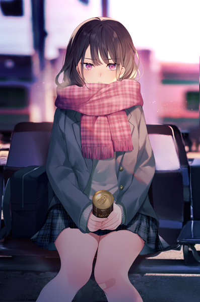 Anime picture 794x1200 with original achiki single long hair tall image looking at viewer blush fringe breasts brown hair sitting payot bent knee (knees) outdoors long sleeves pink eyes blurry depth of field sleeves past wrists plaid skirt