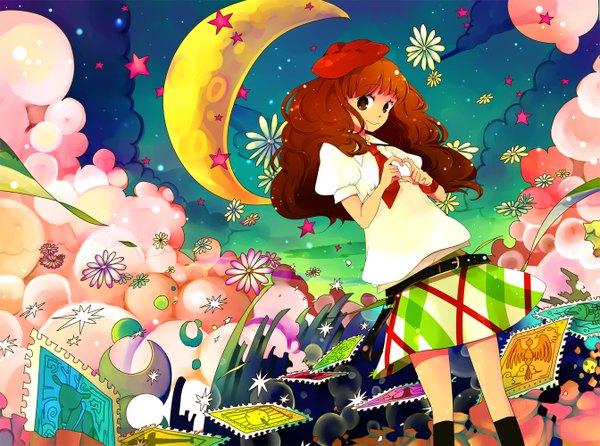 Anime picture 1343x1000 with pop'n music rie chan brown hair brown eyes cloud (clouds) scenic heart hands girl skirt flower (flowers) hat star (symbol) moon star (stars)