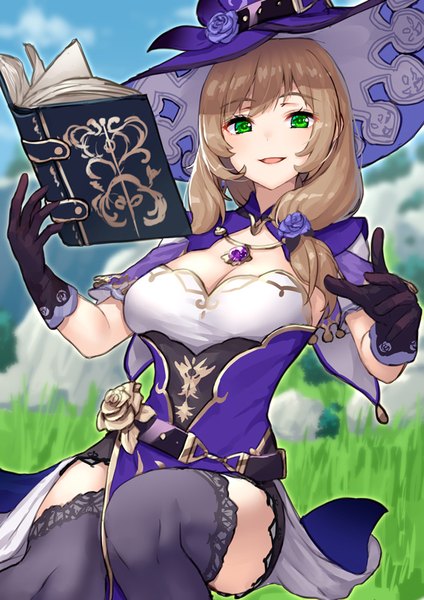 Anime picture 565x800 with genshin impact lisa (genshin impact) pensuke single long hair tall image looking at viewer fringe breasts open mouth light erotic smile hair between eyes brown hair large breasts sitting green eyes payot sky cleavage