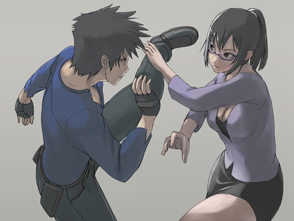 Anime picture 1024x768 with real drive holon tea (nakenashi) breasts black hair cleavage ponytail kick skirt gloves glasses shoes fingerless gloves aoi souta