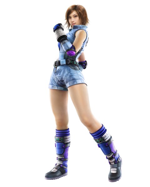 Anime picture 2000x2500 with tekken namco (studio) kazama asuka single tall image highres short hair simple background brown hair white background realistic legs 3d girl gloves shorts belt aikido