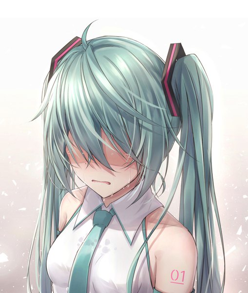 Anime picture 800x943 with vocaloid hatsune miku akira (been0328) single long hair tall image fringe breasts open mouth simple background twintails bare shoulders payot upper body ahoge aqua hair tattoo tears wet clothes crying
