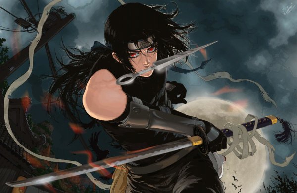 Anime picture 1200x780 with naruto studio pierrot naruto (series) uchiha itachi luke (artist) single long hair black hair red eyes bare shoulders ponytail akatsuki sharingan boy gloves weapon sword elbow gloves armor katana