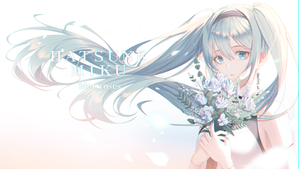Anime picture 2555x1450 with vocaloid hatsune miku soli (pouiliuoq soli) single long hair looking at viewer blush fringe highres hair between eyes wide image twintails holding signed payot upper body nail polish parted lips aqua eyes fingernails