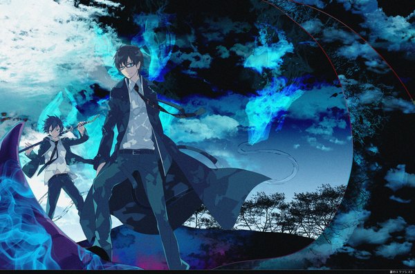 Anime picture 2115x1398 with ao no exorcist a-1 pictures okumura rin okumura yukio kanome (artist) highres short hair blue eyes black hair cloud (clouds) magic demon tail siblings brothers boy uniform weapon plant (plants) school uniform tree (trees)