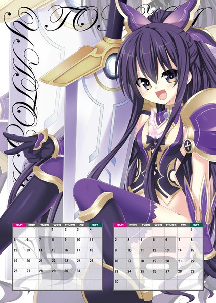 Anime picture 1422x2000 with date a live yatogami tooka sigemi single long hair tall image looking at viewer blush open mouth light erotic brown eyes purple hair half updo girl thighhighs dress weapon sword calendar