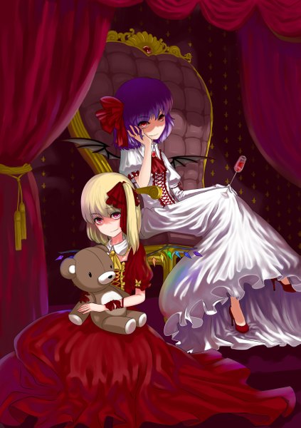 Anime picture 1821x2580 with touhou flandre scarlet remilia scarlet orangec (artist) tall image highres short hair blonde hair smile sitting multiple girls purple hair pink eyes fang (fangs) hug one side up bat wings head rest girl dress