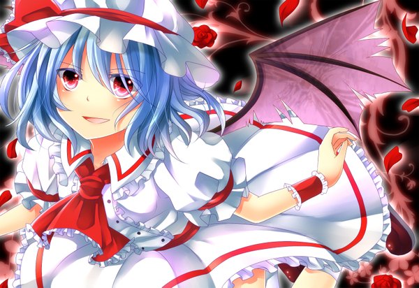 Anime picture 1500x1031 with touhou remilia scarlet daradara1999 single blush short hair open mouth red eyes blue hair girl dress flower (flowers) petals wings frills rose (roses) bonnet