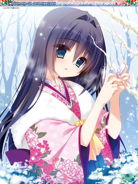 Anime picture 2000x2669 with dengeki moeou nanaka mai single long hair tall image looking at viewer highres open mouth blue eyes black hair traditional clothes japanese clothes scan snowing winter snow silhouette bare tree girl plant (plants)