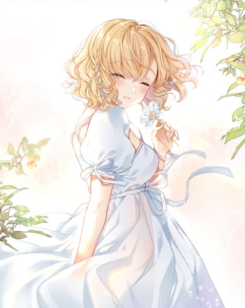 Anime picture 708x891 with original pingo single tall image blush fringe short hair open mouth blonde hair smile hair between eyes standing holding braid (braids) eyes closed arm up wind short sleeves puffy sleeves side braid