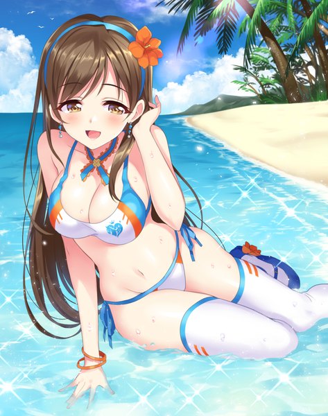 Anime picture 812x1029 with idolmaster idolmaster cinderella girls nitta minami senri gan single long hair tall image looking at viewer blush fringe breasts open mouth light erotic smile brown hair large breasts bare shoulders brown eyes hair flower arm support