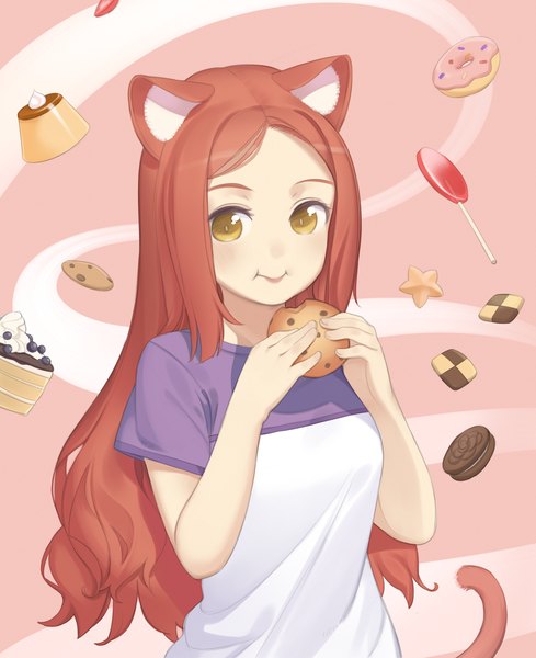 Anime picture 1140x1400 with original cristalavi single long hair tall image looking at viewer simple background smile brown hair animal ears yellow eyes tail animal tail cat ears cat girl cat tail eating pout checkerboard cookie girl