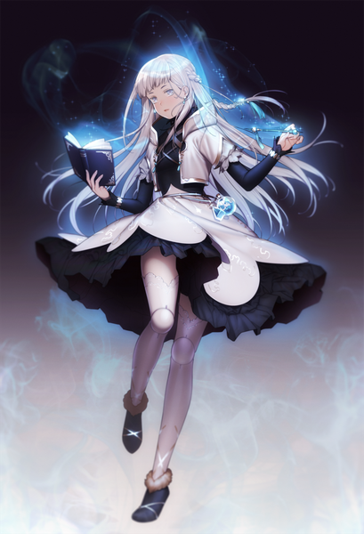 Anime picture 1463x2147 with original e7 (runaway162) single long hair tall image looking at viewer fringe simple background standing holding payot silver hair full body bent knee (knees) braid (braids) open jacket puffy sleeves fur trim gradient background floating hair