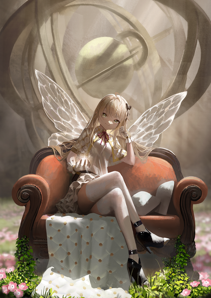 Anime picture 2894x4093 with original suketoudara (artist) single long hair tall image looking at viewer highres light erotic blonde hair smile sitting green eyes full body ahoge high heels zettai ryouiki crossed legs magic frilled dress insect wings